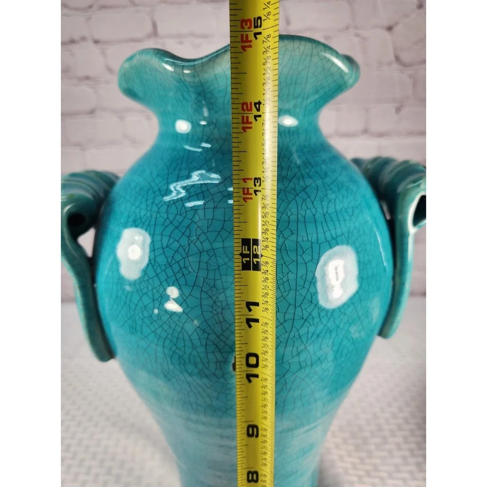 Vtg Large Pottery Vase handles Rustic Glazed Crackled Turquoise